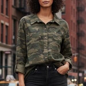 NWT Social Standard By Sanctuary XS $78 Tencel Camo Shirt Green Boyfriend Fit
